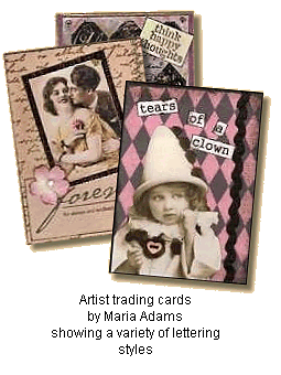 Artist trading cards by Maria Adams showing a variety of lettering styles